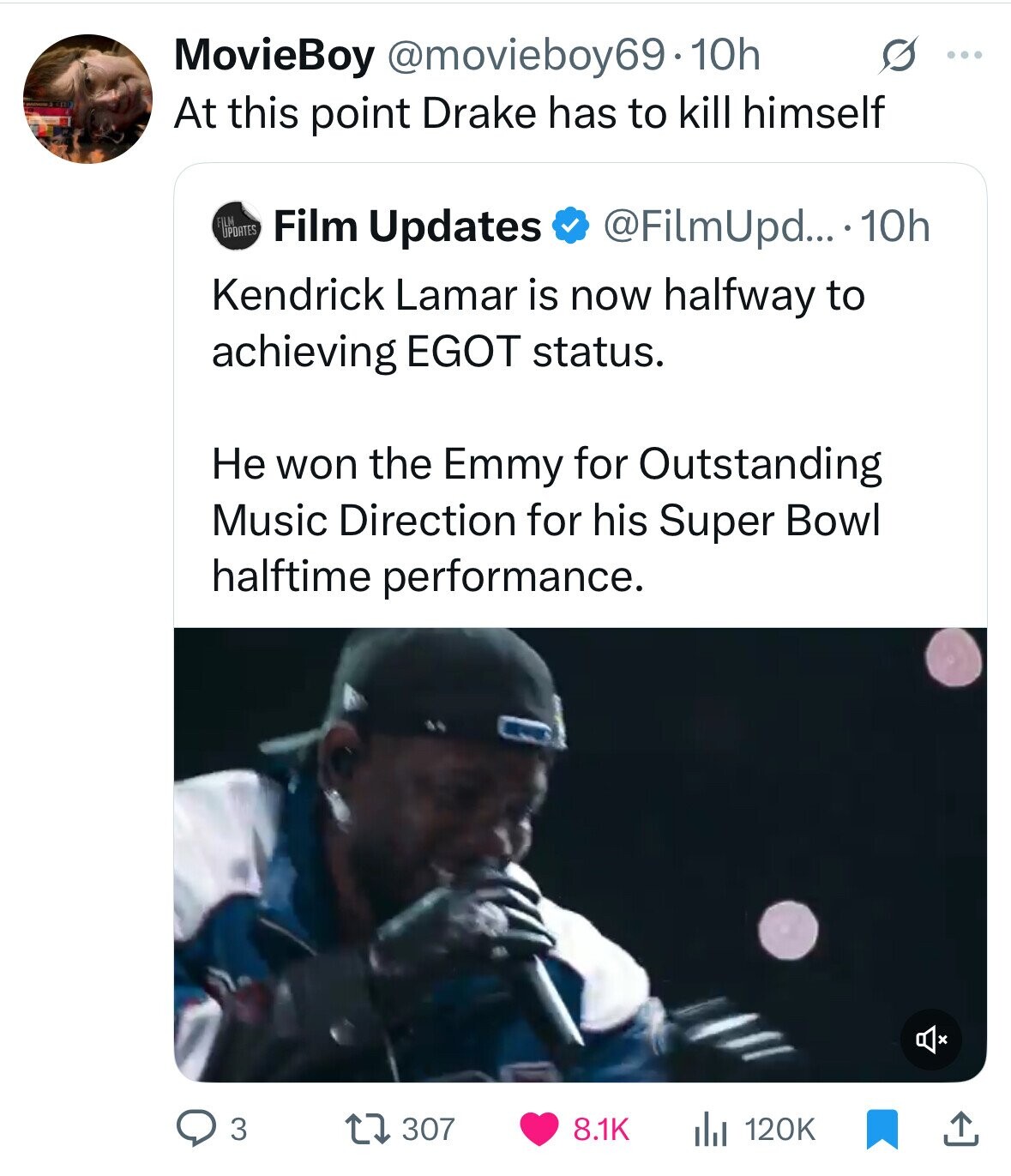 MovieBoy @movieboy69.10h G ... At this point Drake has to kill himself FILM UPDATES Film Updates @FilmUpd... 10h Kendrick Lamar is now halfway to achieving EGOT status. Не won the Emmy for Outstanding Music Direction for his Super Bowl halftime performance. 3 307 8.1K 120K