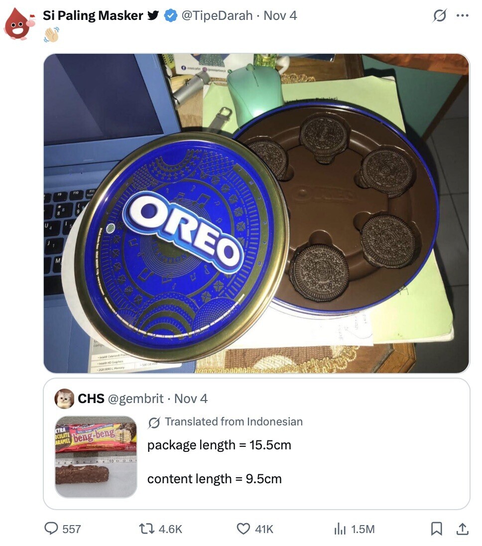 s ... Si Paling Masker @TipeDarah Nov 4 FES F10 F5 Num a A OREO U S M intell Celeront intelle HE Geophan - GGB DDRJ L Memory CHS @gembrit Nov 4 Translated from Indonesian KTRA ARAMEL OCOLATE beng-beng package length = 15.5cm content length = 9.5cm 557 4.6K 41K 1.5M 