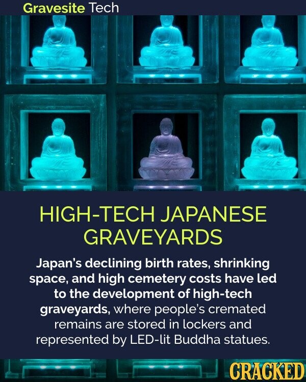 Gravesite Tech HIGH-TECH JAPANESE GRAVEYARDS Japan's declining birth rates, shrinking space, and high cemetery costs have led to the development of high-tech graveyards, where people's cremated remains are stored in lockers and represented by LED-lit Buddha statues. CRACKED