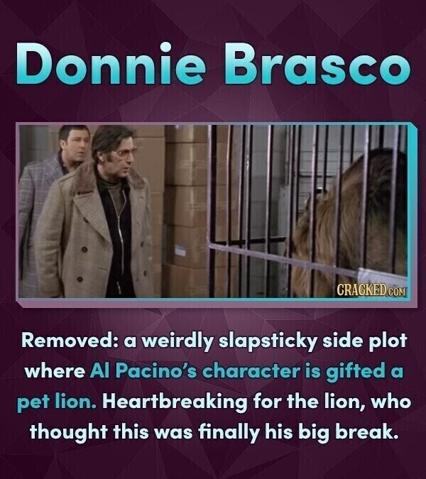 Donnie Brasco CRACKED COM Removed: a weirdly slapsticky side plot where Al Pacino's character is gifted a pet lion. Heartbreaking for the lion, who thought this was finally his big break.