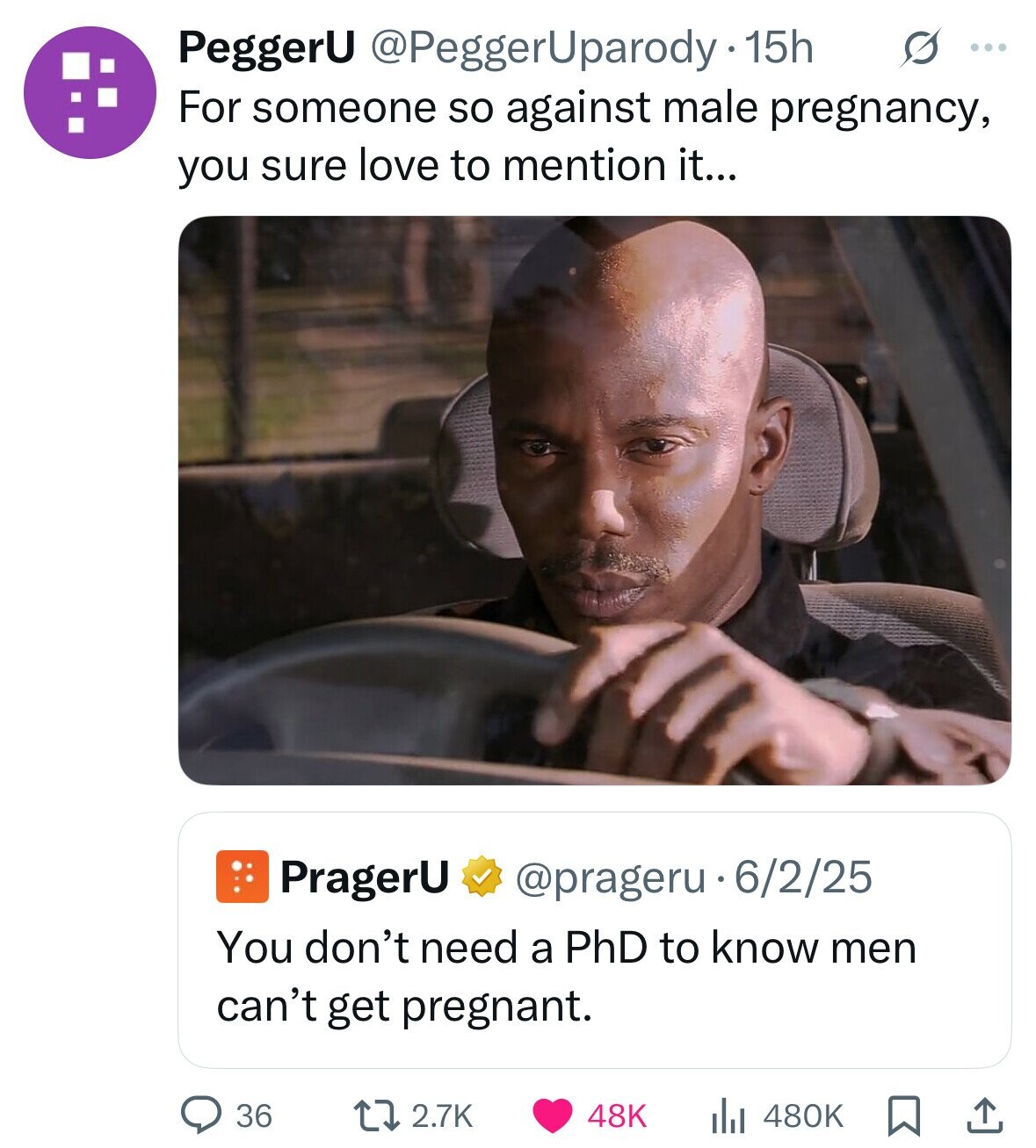 PeggerU @PeggerUparody 15h s ... For someone so against male pregnancy, you sure love to mention it... PragerU @prageru 6/2/25 You don't need a PhD to know men can't get pregnant. 36 480K 2.7K 48K