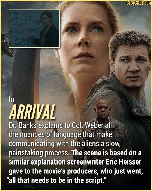 CRACKED.COM جان your purpose Fress, R N In ARRIVAL Dr. Banks explains to Col. Weber all ARMY the nuances of language that make communicating with the aliens a slow, painstaking process. The scene is based on a similar explanation screenwriter Eric Heisser gave to the movie's producers, who just went, all that needs to be in the script.