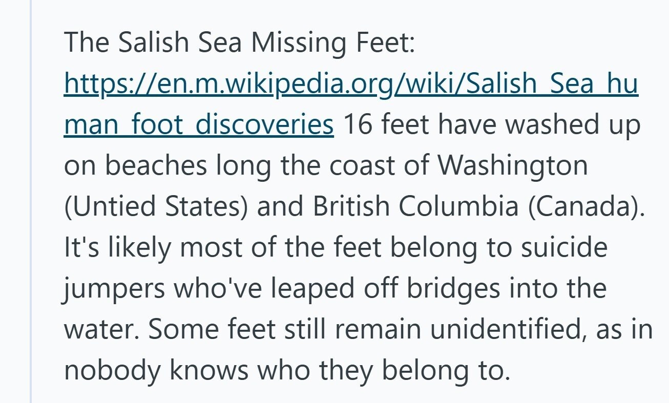 The Salish Sea Missing Feet: https://en.m.wikipedia.org/wiki/Salish Sea hu man foot discoveries 16 feet have washed up on beaches long the coast of Washington (Untied States) and British Columbia (Canada). It's likely most of the feet belong to suicide jumpers who've leaped off bridges into the water. Some feet still remain unidentified, as in nobody knows who they belong to. 