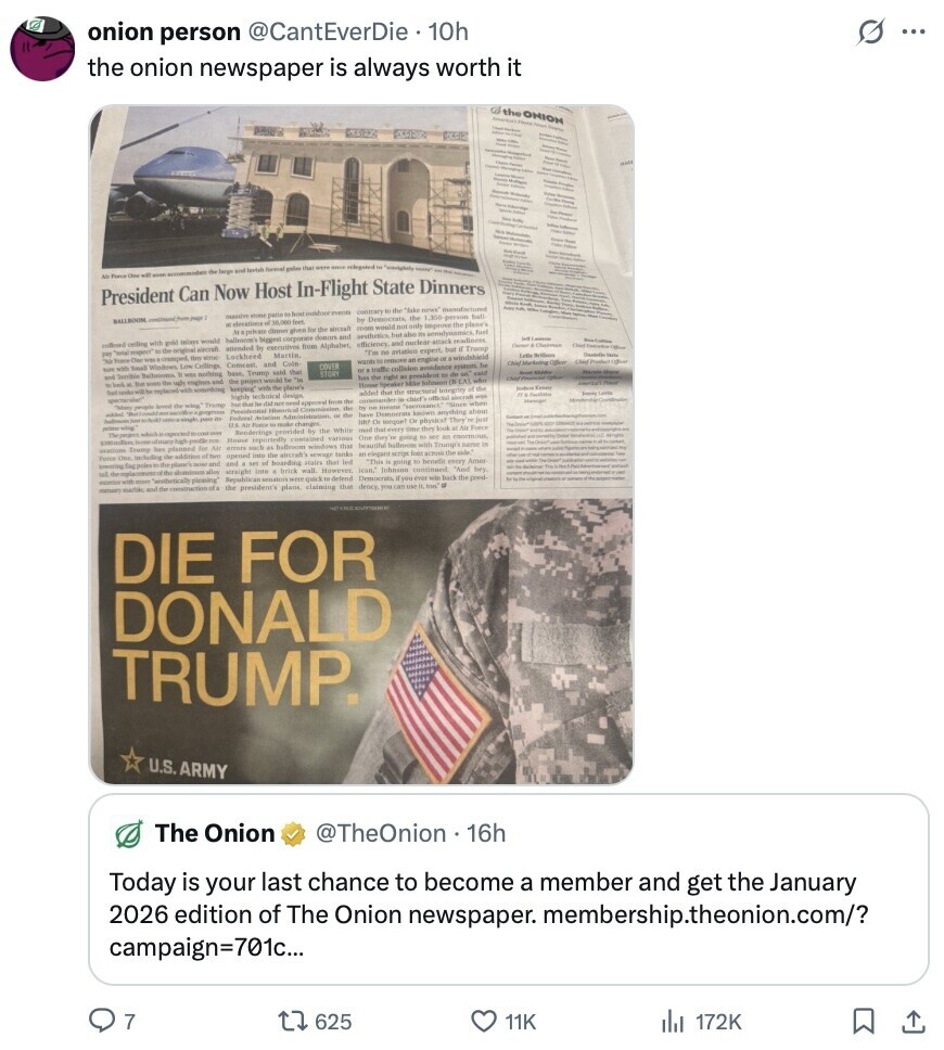 s ... onion person @CantEverDie 10h the onion newspaper is always worth it G the ONION F and formal enter THE eno velegated.to de large President Can Now Host In-Flight State - Dinners One we - accommendate the RALLROOM ac devations of 30,000 feet petio to hos outfoor every centrary by Democrats & the lake manufactured 1,350 person tall Me private dinner given fre the alreaan aesthetics.but room would not also only 15 acrodynsmics improve the plane's for ballmoon's blogest corporate donon and efficiency, and morlian attack madiness - collect celling with gold Inlays would from Alphabet, Commercial intended 4 executives Chist - Tm 