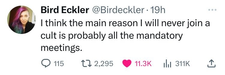 Bird Eckler @Birdeckler•19h I think the main reason I will never join a cult is probably all the mandatory meetings. 115 2,295 11.3K 311K