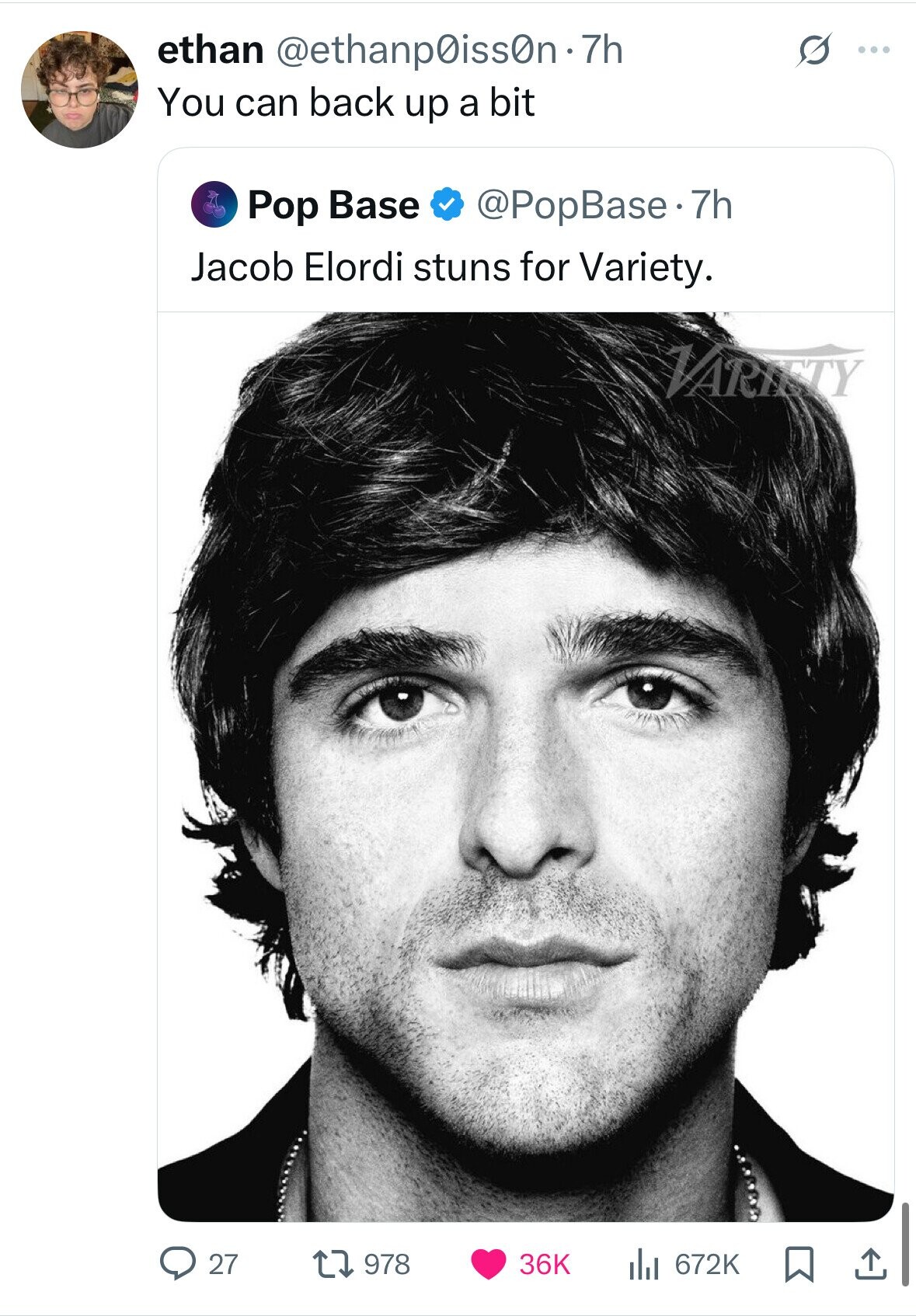 ethan @ethanp0iss0n 77 ... You can back up a bit Pop Base @PopBase.7h Jacob Elordi stuns for Variety. VARIETY 27 978 36K 672K 
