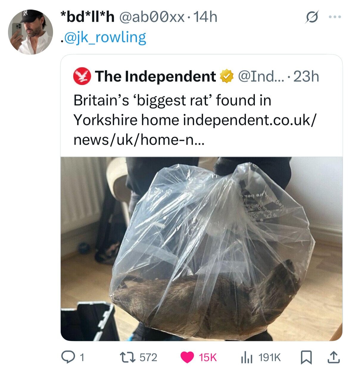 X *bd*ll*h @ab00xx.14h O ... @jk_rowling @Ind... .23h The Independent Britain's 'biggest rat' found in Yorkshire home independent.co.uk/ news/uk/home-n... OJ oq VOO 1 572 15K 191K