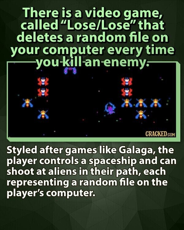 There is a video game, called Lose/Lose that deletes a random file on your computer every time you-killanenemy. CRACKED.COM Styled after games like Galaga, the player controls a spaceship and can shoot at aliens in their path, each representing a random file on the player's computer.
