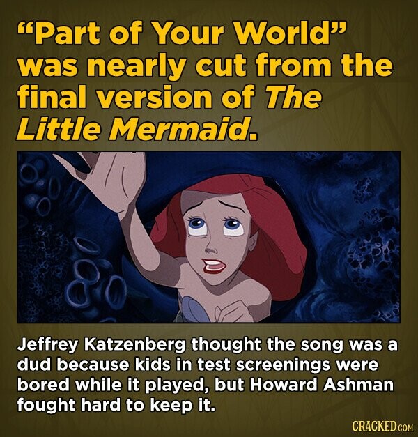 Part of Your World was nearly cut from the final version of The Little Mermaid. Jeffrey Katzenberg thought the song was a dud because kids in test screenings were bored while it played, but Howard Ashman fought hard to keep it. CRACKED.COM