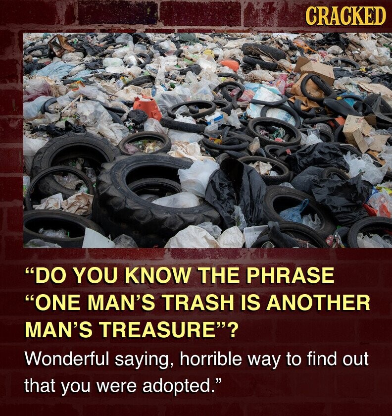 CRACKED DO YOU KNOW THE PHRASE ONE MAN'S TRASH IS ANOTHER MAN'S TREASURE? Wonderful saying, horrible way to find out that you were adopted.