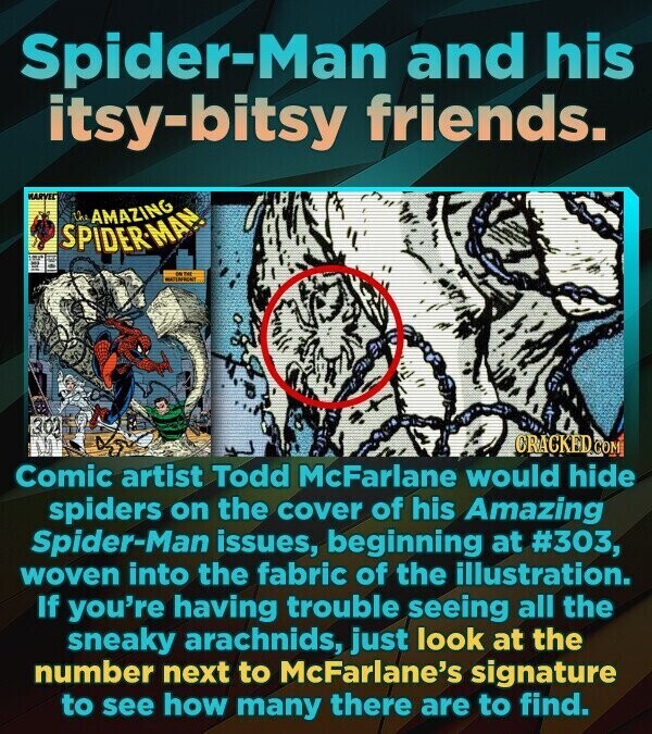 Spider-Man and his itsy-bitsy friends. MARVEL AMAZING SPIDER-MAN - THE NATURAL 302 CRACKED GOM Comic artist Todd McFarlane would hide spiders on the cover of his Amazing Spider-Man issues, beginning at #303, woven into the fabric of the illustration. If you're having trouble seeing all the sneaky arachnids, just look at the number next to McFarlane's signature to see how many there are to find.