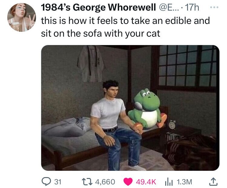 1984's George Whorewell @E... 17h ... this is how it feels to take an edible and sit on the sofa with your cat 31 4,660 49.4K 1.3M