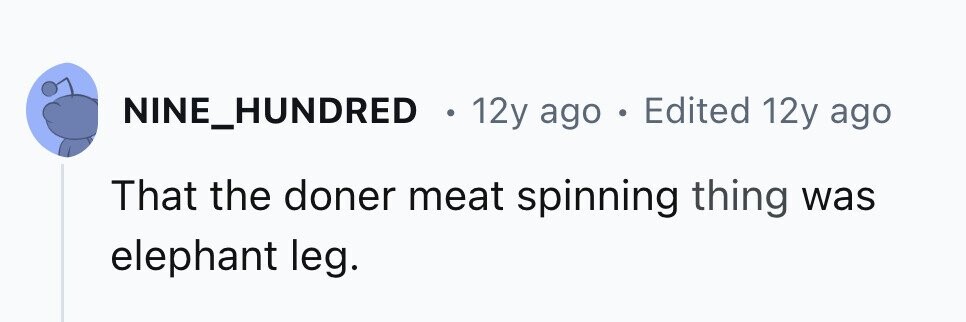 NINE_HUNDRED 12y ago . Edited 12y ago That the doner meat spinning thing was elephant leg. 