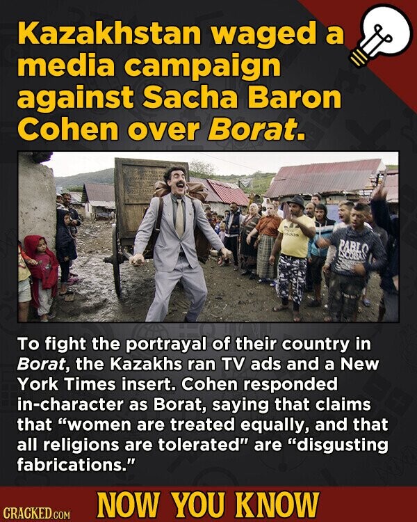 Kazakhstan waged a media campaign against Sacha Baron Cohen over Borat. PABLO ESCORAN To fight the portrayal of their country in Borat, the Kazakhs ran TV ads and a New York Times insert. Cohen responded in-character as Borat, saying that claims that women are treated equally, and that all religions are tolerated are disgusting fabrications. NOW YOU KNOW CRACKED.COM