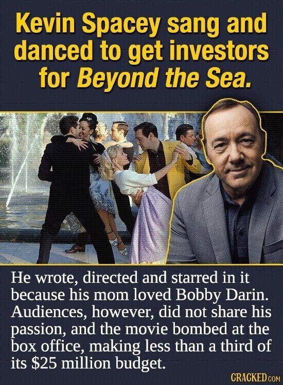 Kevin Spacey sang and danced to get investors for Beyond the Sea. Не wrote, directed and starred in it because his mom loved Bobby Darin. Audiences, however, did not share his passion, and the movie bombed at the box office, making less than a third of its $25 million budget. CRACKED.COM