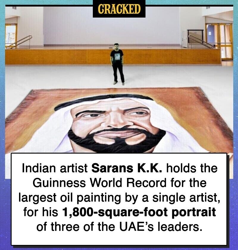 CRACKED Indian artist Sarans К.К. holds the Guinness World Record for the largest oil painting by a single artist, for his 1,800-square-foot portrait of three of the UAE's leaders.