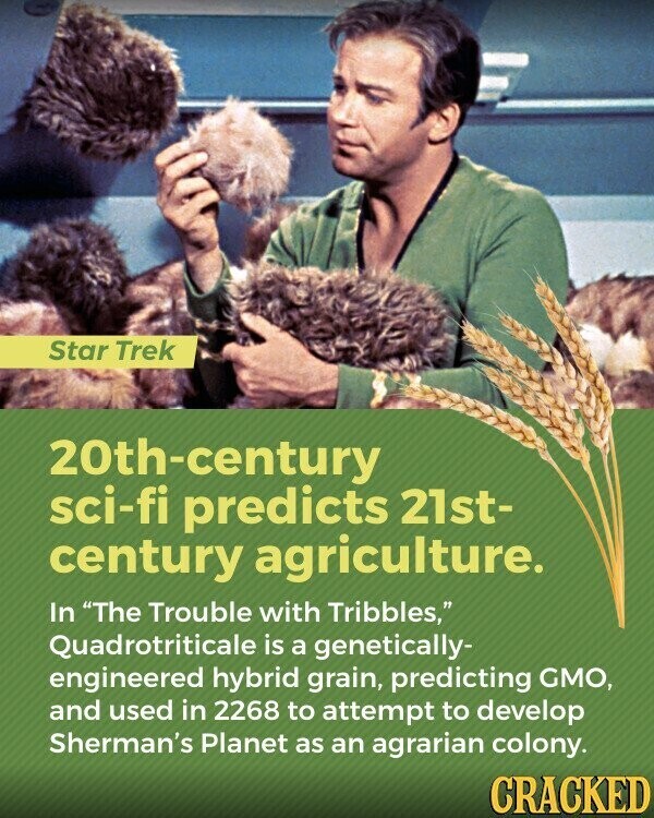 Star Trek 20th-century sci-fi predicts 21st- century agriculture. In The Trouble with Tribbles, Quadrotriticale is a genetically- engineered hybrid grain, predicting GMO, and used in 2268 to attempt to develop Sherman's Planet as an agrarian colony. CRACKED