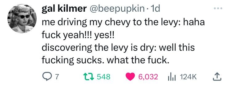 gal kilmer @beepupkin 1d me driving my chevy to the levy: haha fuck yeah!!! yes!! discovering the levy is dry: well this fucking sucks. what the fuck. 7 548 6,032 del 124K