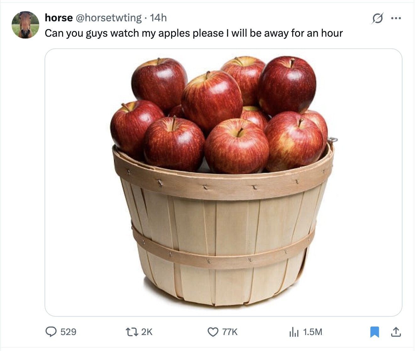 s ... horse @horsetwting 14h Can you guys watch my apples please I will be away for an hour 529 2K 77K del 1.5M