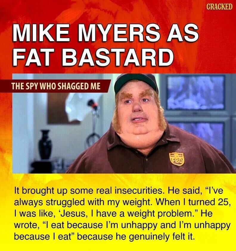 CRACKED MIKE MYERS AS FAT BASTARD THE SPY WHO SHAGGED ME FBD It brought up some real insecurities. Не said, I've always struggled with my weight. When I turned 25, I was like, 'Jesus, I have a weight problem. Не wrote, I eat because I'm unhappy and I'm unhappy because I eat because he genuinely felt it.