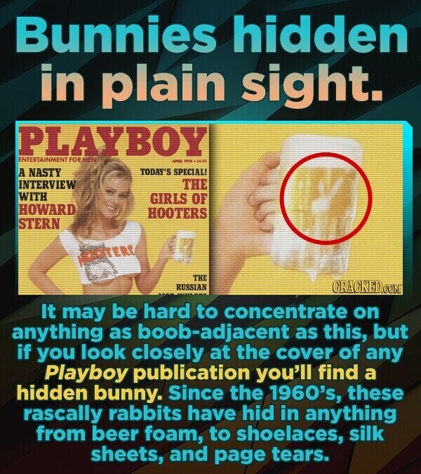 Bunnies hidden in plain sight. PLAYBOY ENTERTAINMENT FOR MEN SPOR 1994 454.95 A NASTY TODAY'S SPECIAL! INTERVIEW THE WITH GIRLS OF HOWARD HOOTERS STERN NOOTERI THE RUSSIAN CRACKED.COM It may be hard to concentrate on anything as boob-adjacent as this, but if you look closely at the cover of any Playboy publication you'll find a hidden bunny. Since the 1960's, these rascally rabbits have hid in anything from beer foam, to shoelaces, silk sheets, and page tears.
