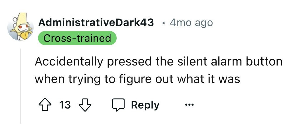 AdministrativeDark43 . 4mo ago Cross-trained Accidentally pressed the silent alarm button when trying to figure out what it was 13 Reply ... 