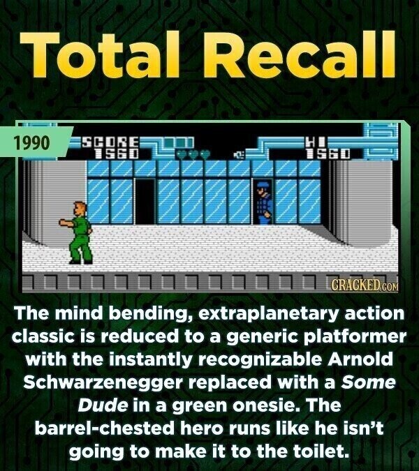 Total Recall 1990 SCORE HI 1560 1560 CRACKED COM The mind bending, extraplanetary action classic is reduced to a generic platformer with the instantly recognizable Arnold Schwarzenegger replaced with a Some Dude in a green onesie. The barrel-chested hero runs like he isn't going to make it to the toilet.
