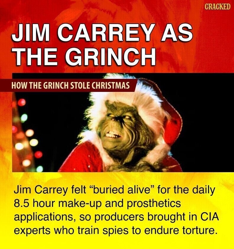 CRACKED JIM CARREY AS THE GRINCH HOW THE GRINCH STOLE CHRISTMAS Jim Carrey felt buried alive for the daily 8.5 hour make-up and prosthetics applications, so producers brought in CIA experts who train spies to endure torture.