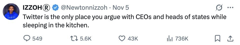 IZZOH R @Newtonnizzoh Nov 5 ... - Twitter is the only place you argue with CEOs and heads of states while sleeping in the kitchen. 549 5.6K 43K 736K 
