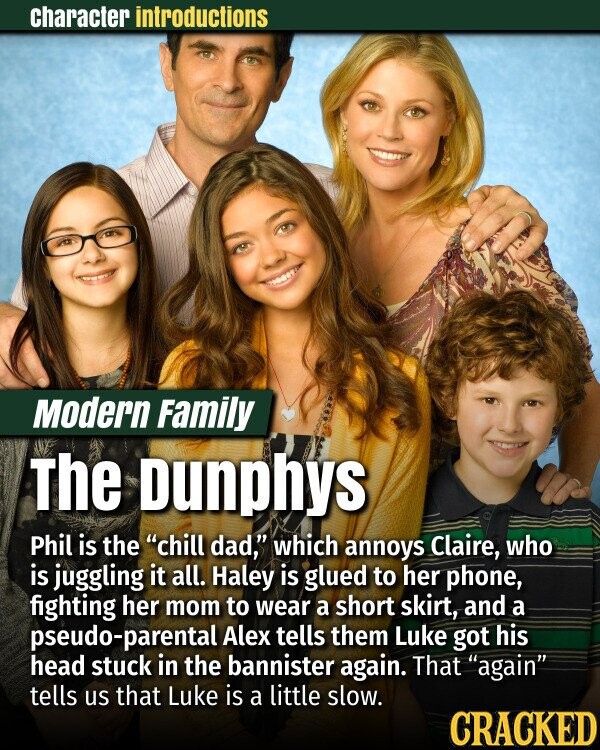character introductions Modern Family The Dunphys Phil is the chill dad, which annoys Claire, who is juggling it all. Haley is glued to her phone, fighting her mom to wear a short skirt, and a pseudo-parental Alex tells them Luke got his head stuck in the bannister again. That again tells us that Luke is a little slow. CRACKED