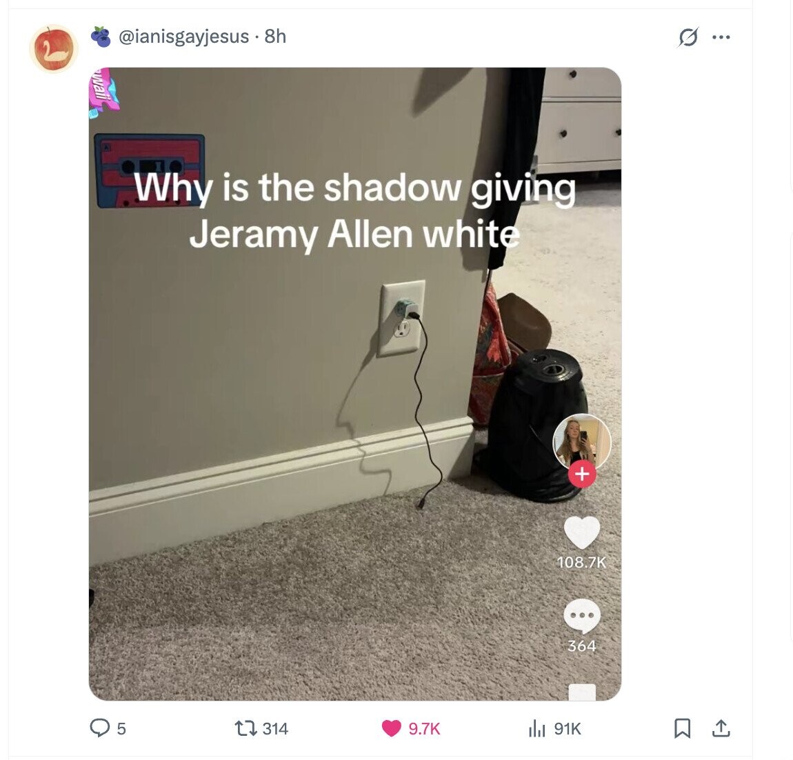 @ianisgayjesus . 8h G ... waii Why is the shadow giving Jeramy Allen white + 108.7K ... 364 5 314 91K 9.7K 