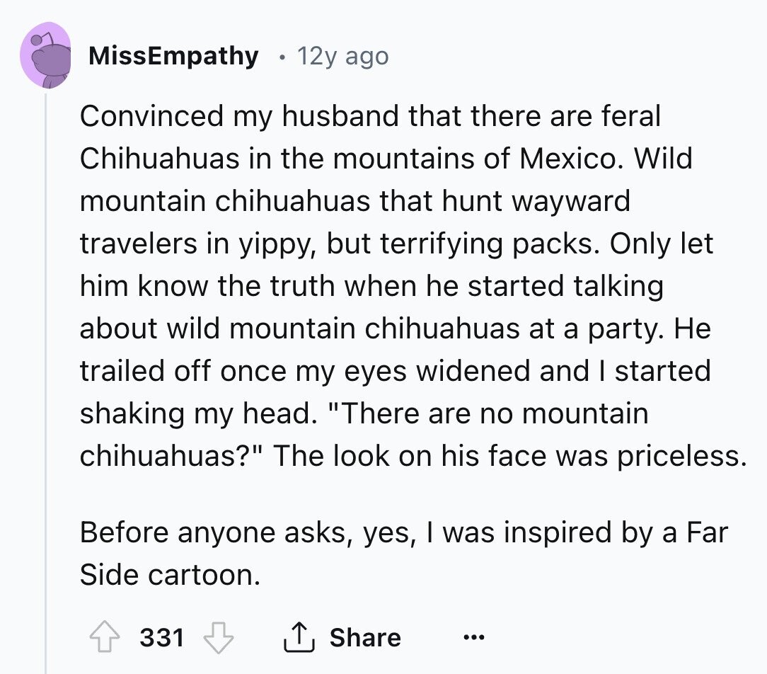 MissEmpathy 12y ago Convinced my husband that there are feral Chihuahuas in the mountains of Mexico. Wild mountain chihuahuas that hunt wayward travelers in yippy, but terrifying packs. Only let him know the truth when he started talking about wild mountain chihuahuas at a party. Не trailed off once my eyes widened and I started shaking my head. There are no mountain chihuahuas? The look on his face was priceless. Before anyone asks, yes, I was inspired by a Far Side cartoon. 331 Share ... 
