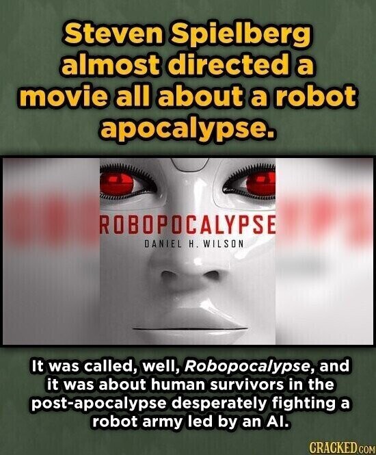 Steven Spielberg almost directed a movie all about a robot apocalypse. ROBOPOCALYPSE DANIEL H. WILSON It was called, well, Robopocalypse, and it was about human survivors in the post-apocalypse desperately fighting a robot army led by an AI. CRACKED.COM