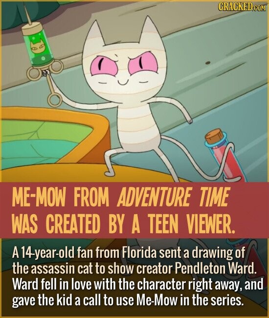 ME-MOW FROM ADVENTURE TIME WAS CREATED BY A TEEN VIEWER. A 14-year-old fan from Florida sent a drawing of the assassin cat to show creator Pendleton Ward. Ward fell in love with the character right away, and gave the kid a call to use e-Mow in the series.