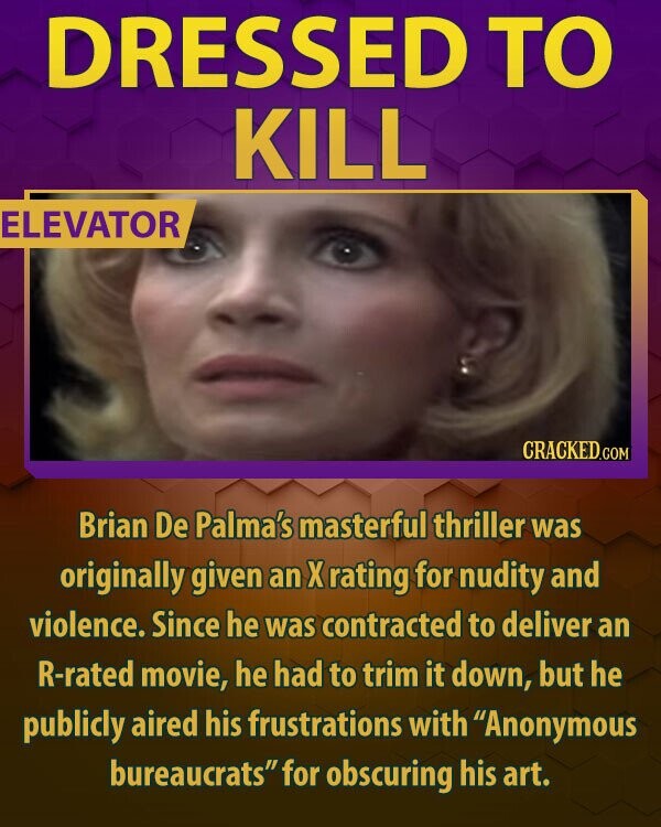 DRESSED TO KILL ELEVATOR CRACKED.COM Brian De Palma's masterful thriller was originally given an X rating for nudity and violence. Since he was contracted to deliver an R-rated movie, he had to trim it down, but he publicly aired his frustrations with Anonymous bureaucrats for obscuring his art.