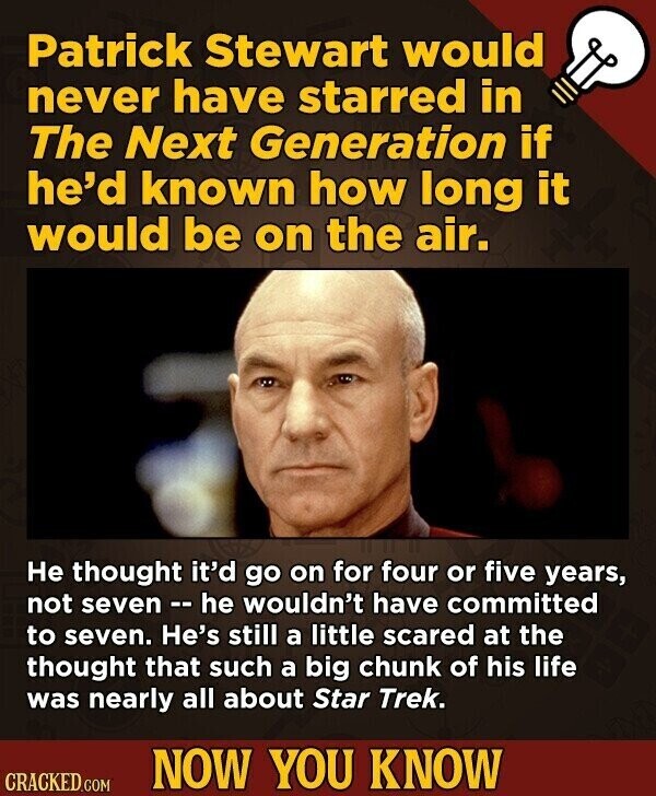 Patrick Stewart would never have starred in The Next Generation if he'd known how long it would be on the air. Не thought it'd go on for four or five years, not seven --he wouldn't have committed to seven. He's still a little scared at the thought that such a big chunk of his life was nearly all about Star Trek. NOW YOU KNOW CRACKED.COM