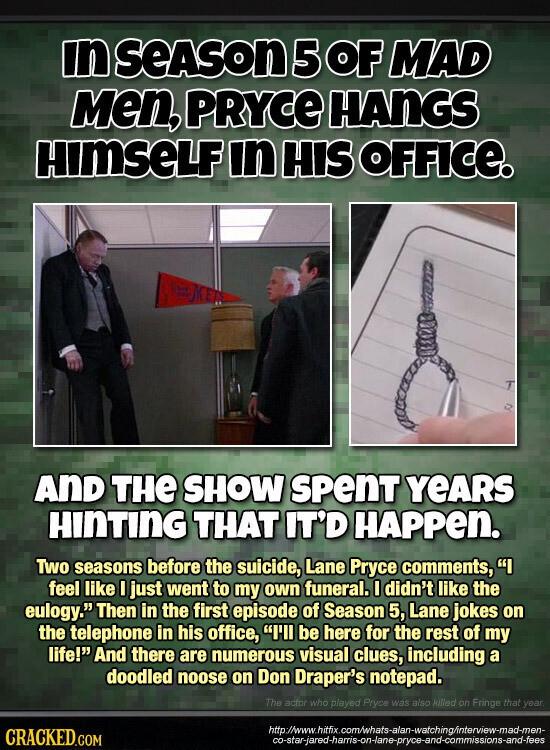 in SEASON 5 OF MAD Men, PRYCE HANGS HImSeLF in HIS OFFICE. AND THE SHOW SPenT YEARS HINTING THAT IT'D HAPPEN. Two seasons before the suicide, Lane Pryce comments, I feel like I just went to my own funeral. I didn't like the eulogy. Then in the first episode of Season 5, Lane jokes on the telephone in his office, I'll be here for the rest of my life! And there are numerous visual clues, including a doodled noose on Don Draper's notepad. The actor who played Pryce was also killed on Fringe that year http://www.hitfix.com/whats-alan-watching/interview-mad-men- CRACKED.COM co-star-jared-harris-on-lane-pryce-and-commissions-and-fees