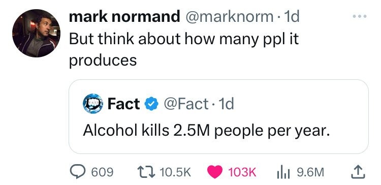 mark normand @marknorm 1d ... But think about how many ppl it produces Fact @Fact1 1d Alcohol kills 2.5M people per year. 609 10.5K 103K 9.6M