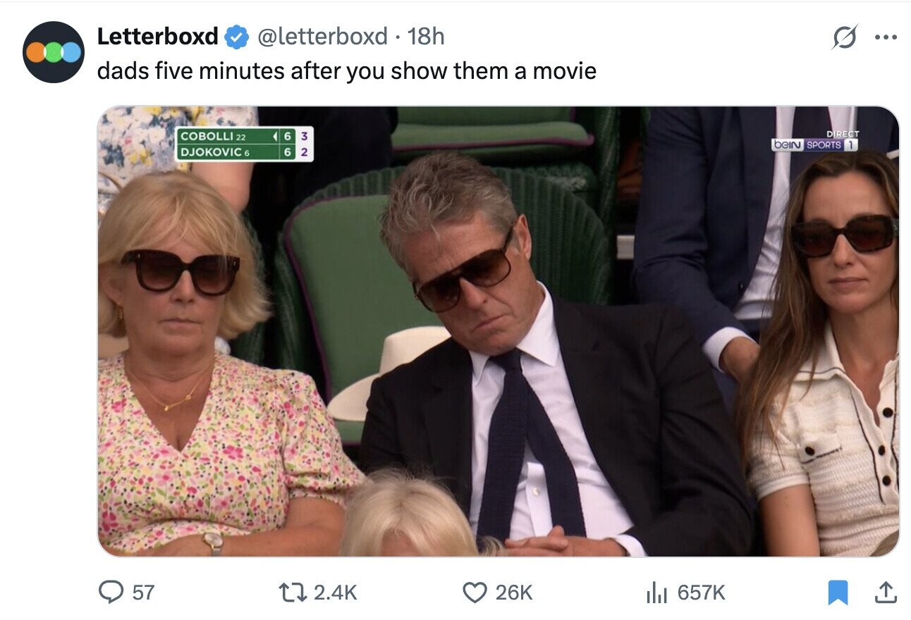 Letterboxd @letterboxd . 18h ... dads five minutes after you show them a movie COBOLLI 22 DIRECT 6 3 bein SPORTS 1 DJOKOVIC 6 6 2 57 2.4K 26K del 657K