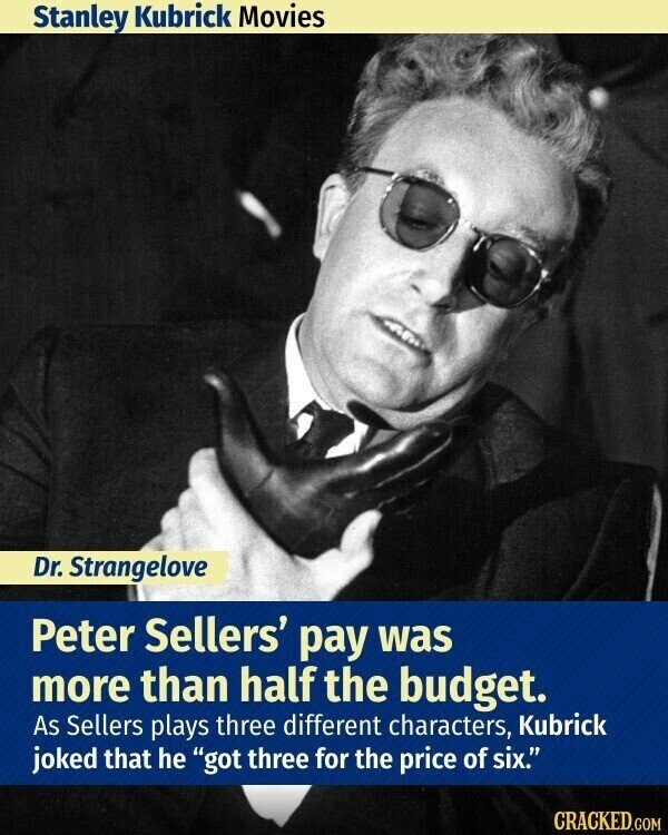 Stanley Kubrick Movies Dr. Strangelove Peter Sellers' pay was more than half the budget. As Sellers plays three different characters, Kubrick joked that he got three for the price of six. CRACKED.COM