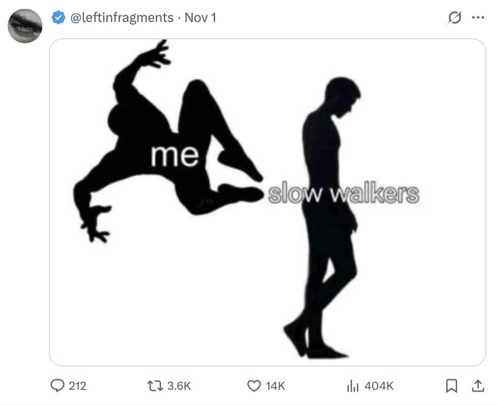 @leftinfragments. Nov 1 1 G ... me slow walkers 212 3.6K 14K del 404K 