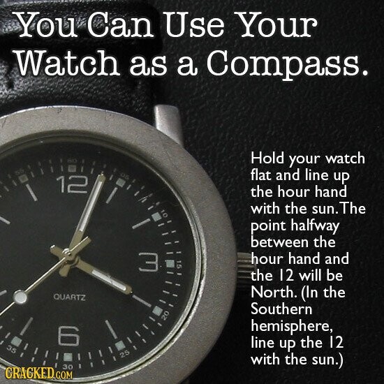 You Can Use Your Watch as a Compass. 80 Hold your watch 05 flat and line up 12 the hour hand I ١١ with the sun. The - ة point halfway between the hour hand and 3 15 . the 12 will be QUARTZ North. (In the Southern 20 hemisphere, | 6 35 ١ line up the 12 25 with the sun.) 30 GRAGKED.COM