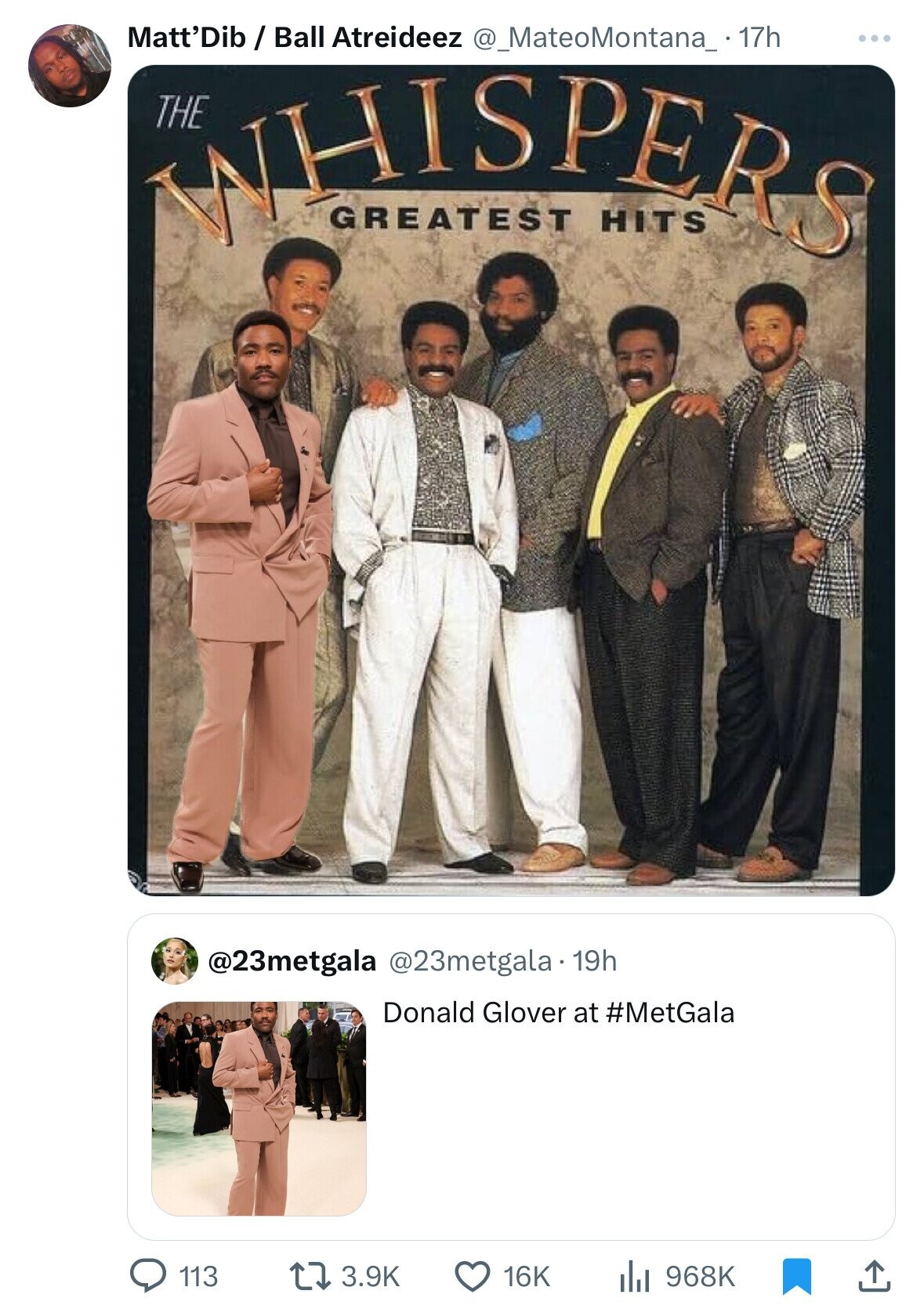Matt'Dib / Ball Atreideez @_MateoMontana_ 17h ... RUHISPER THE HITS GREATEST @23metgala @23metgala. 19h Donald Glover at #MetGala 113 3.9K 16K 968K