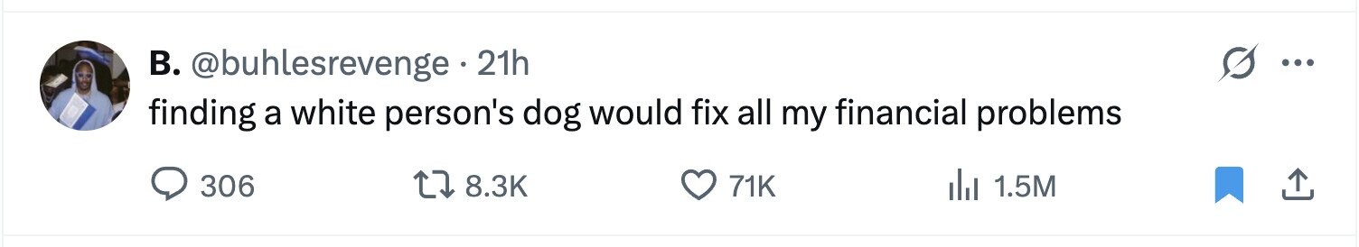 B. @buhlesrevenge - . 21h ... finding a white person's dog would fix all my financial problems 306 8.3K 71K del 1.5M