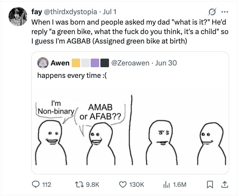 fay @thirdxdystopia Jul 1 ... When I was born and people asked my dad what is it? He'd reply a green bike, what the fuck do you think, it's a child so I guess I'm AGBAB (Assigned green bike at birth) Awen @Zeroawen Jun 30 happens every time :( I'm AMAB Non-binary or AFAB?? 112 9.8K 130K del 1.6M