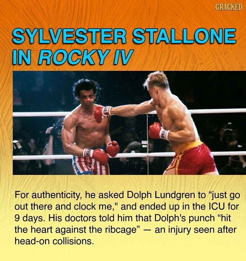 CRACKED SYLVESTER STALLONE IN ROCKY IV For authenticity, he asked Dolph Lundgren to just go out there and clock me, and ended up in the ICU for 9 days. His doctors told him that Dolph's punch hit the heart against the ribcage - an injury seen after head-on collisions.