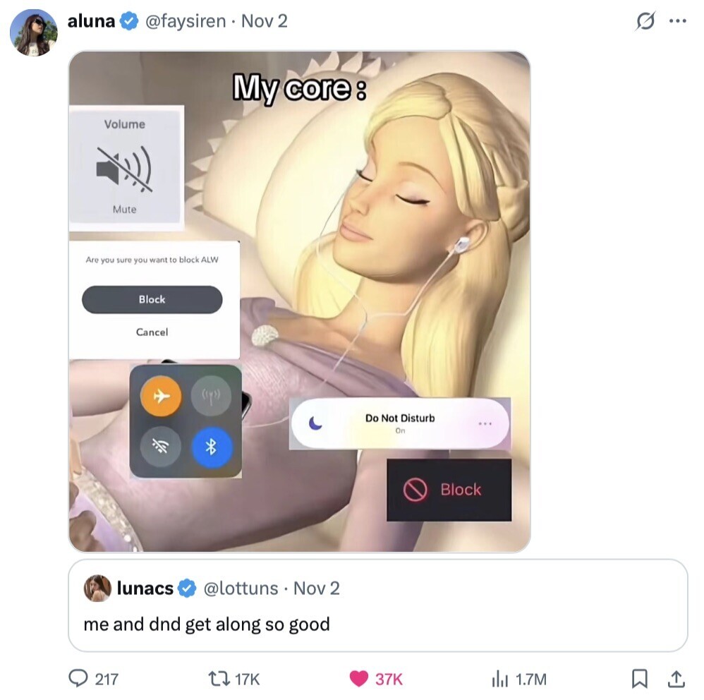 aluna s ... @faysiren Nov 2 My core: Volume Mute Are you sure you want to black ALW Block Cancel Do Not Disturb On Block lunacs @lottuns Nov 2 me and dnd get along so good 217 17K 37K ild 1.7M 