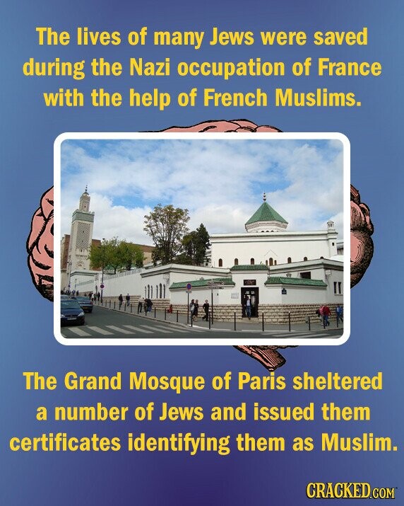 The lives of many Jews were saved during the Nazi occupation of France with the help of French Muslims. The Grand Mosque of Paris sheltered a number of Jews and issued them certificates identifying them as Muslim. CRACKED.COM