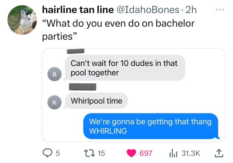 hairline tan line @IdahoBones 2h ... What do you even do on bachelor parties Can't wait for 10 dudes in that в pool together K Whirlpool time We're gonna be getting that thang WHIRLING 5 15 697 31.3K