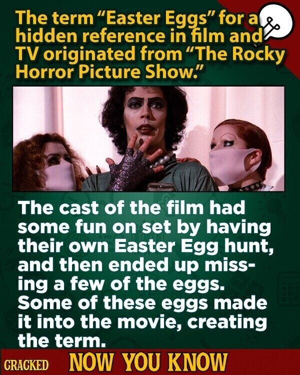 The term Easter Eggs for a hidden reference in film and TV originated from The Rocky Horror Picture Show. The cast of the film had some fun on set by having their own Easter Egg hunt, and then ended up miss- ing a few of the eggs. Some of these eggs made it into the movie, creating the term. CRACKED NOW YOU KNOW